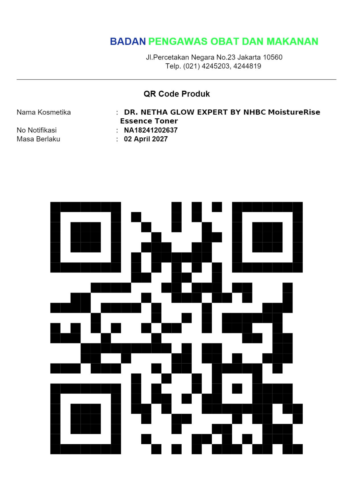 Nomor BPOM MoistureRise Toner